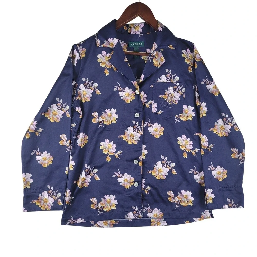 Lauren Ralph Lauren Top Women's Size Small Blue Navy Yellow Floral Sleepwear